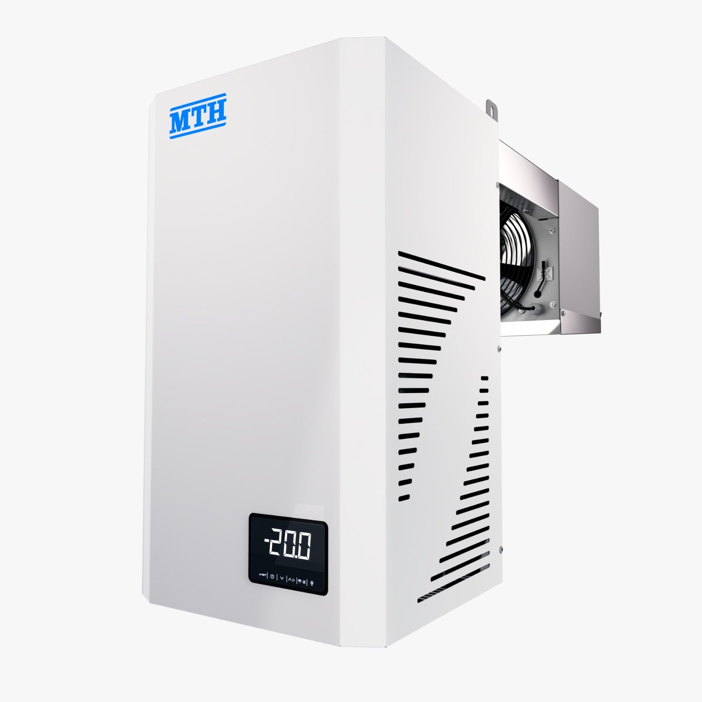 White MTH industrial refrigerator or chiller unit with a digital display showing -20.0, featuring a side-mounted metal fan housing, on a light gray background.