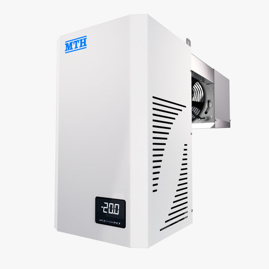 White MTH industrial refrigerator or chiller unit with a digital display showing -20.0, featuring a side-mounted metal fan housing, on a light gray background.